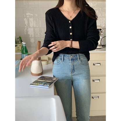 Damen Strickjacke Knopfverschluss Lässig Grau Eveloria