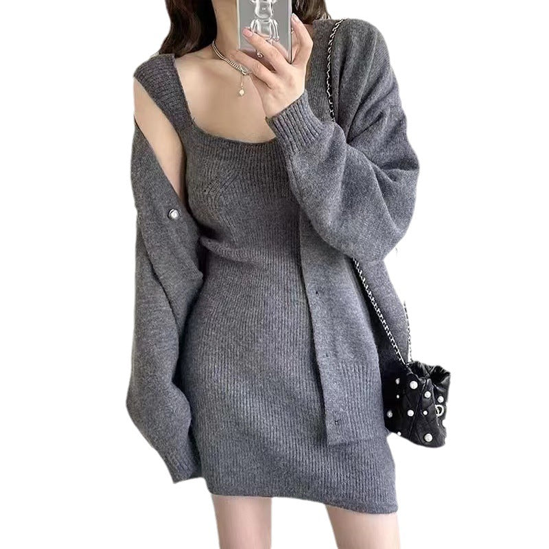 Damen Langstrickkleid V-Ausschnitt Knopfleiste Eveloria