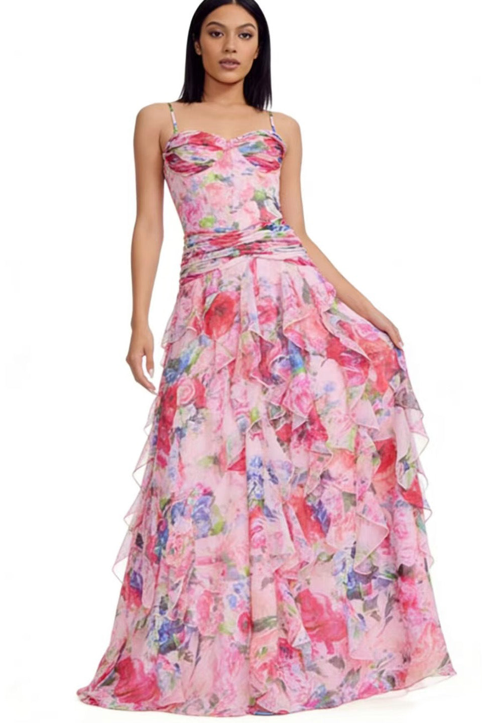 Damen Maxikleid Trägerlos Floralmuster Rüschen