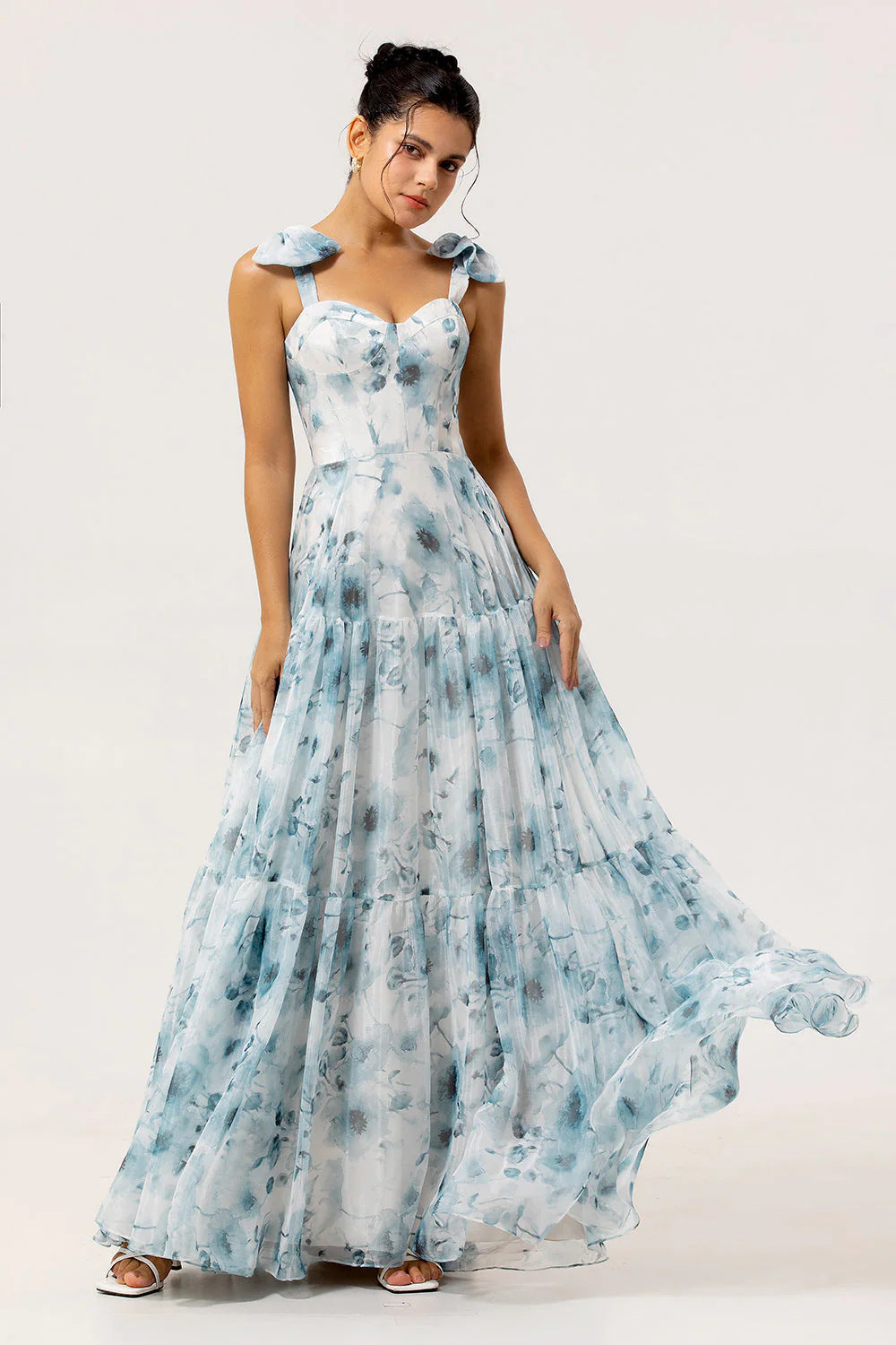 Damen Maxikleid mit Blumenmuster und Rüschen Trägern