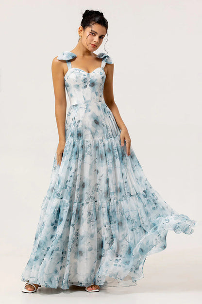 Damen Maxikleid mit Blumenmuster und Rüschen Trägern