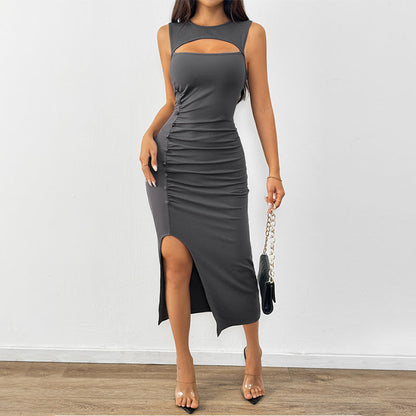 Damen Maxi-Kleid Cut-Out-Design Seitliche Raffung Schwarz - Eveloria