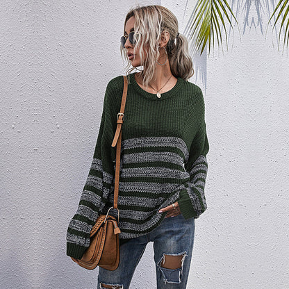 Damen Strickpullover Lässig Streifenmuster Weite Passform Beige - Eveloria