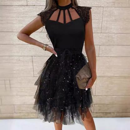 Damen Cocktailkleid Spitze Glitzernd Tüll Eveloria