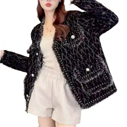 Damen Strickjacke Flauschig mit Knöpfen und Dekorsaum