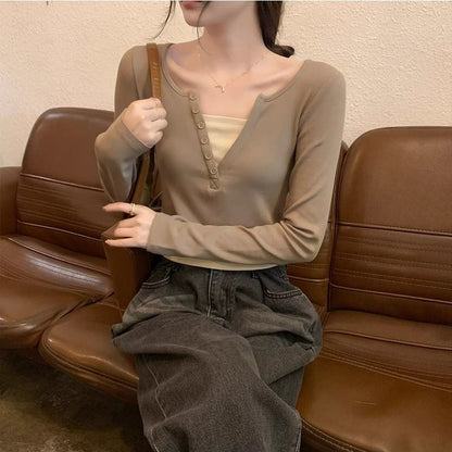 Damen Langarmshirt Rundhalsausschnitt Knopfleiste Eveloria