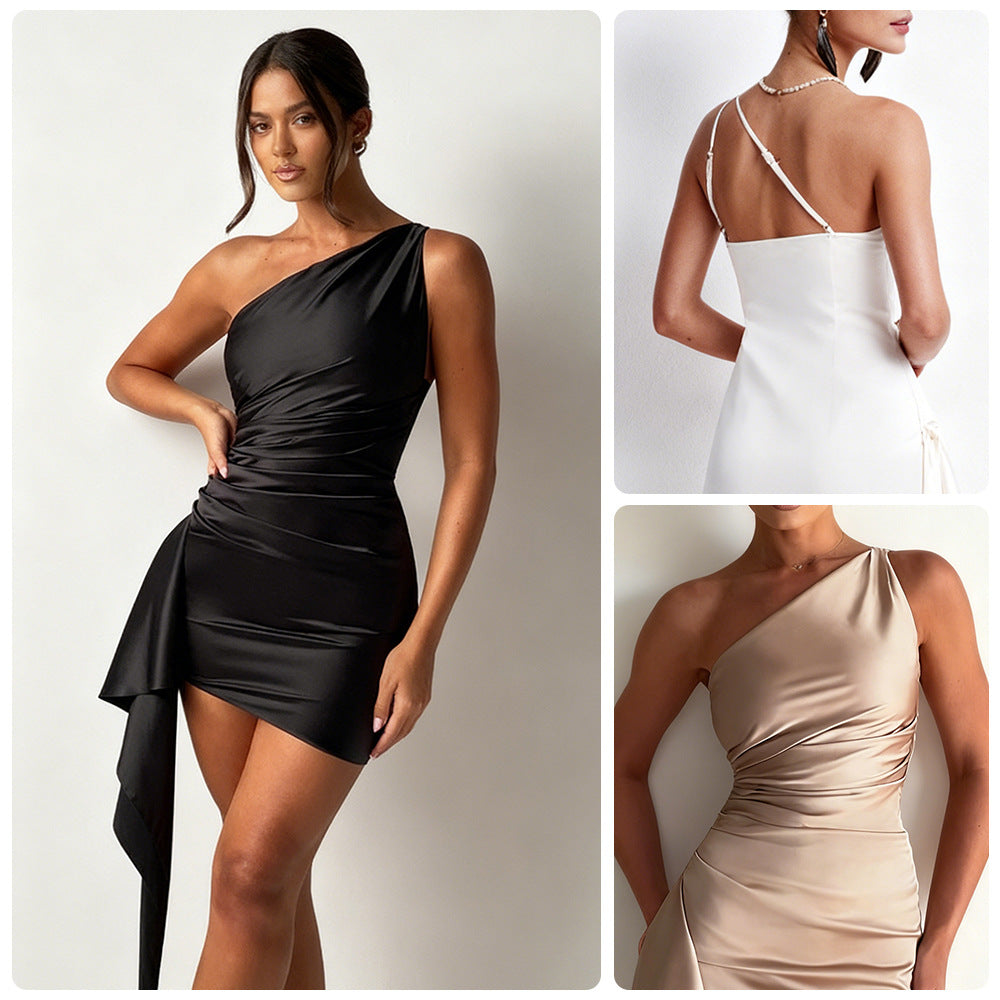 Damen Minikleid Asymmetrisch Drapierungsdesign Schwarz - Eveloria