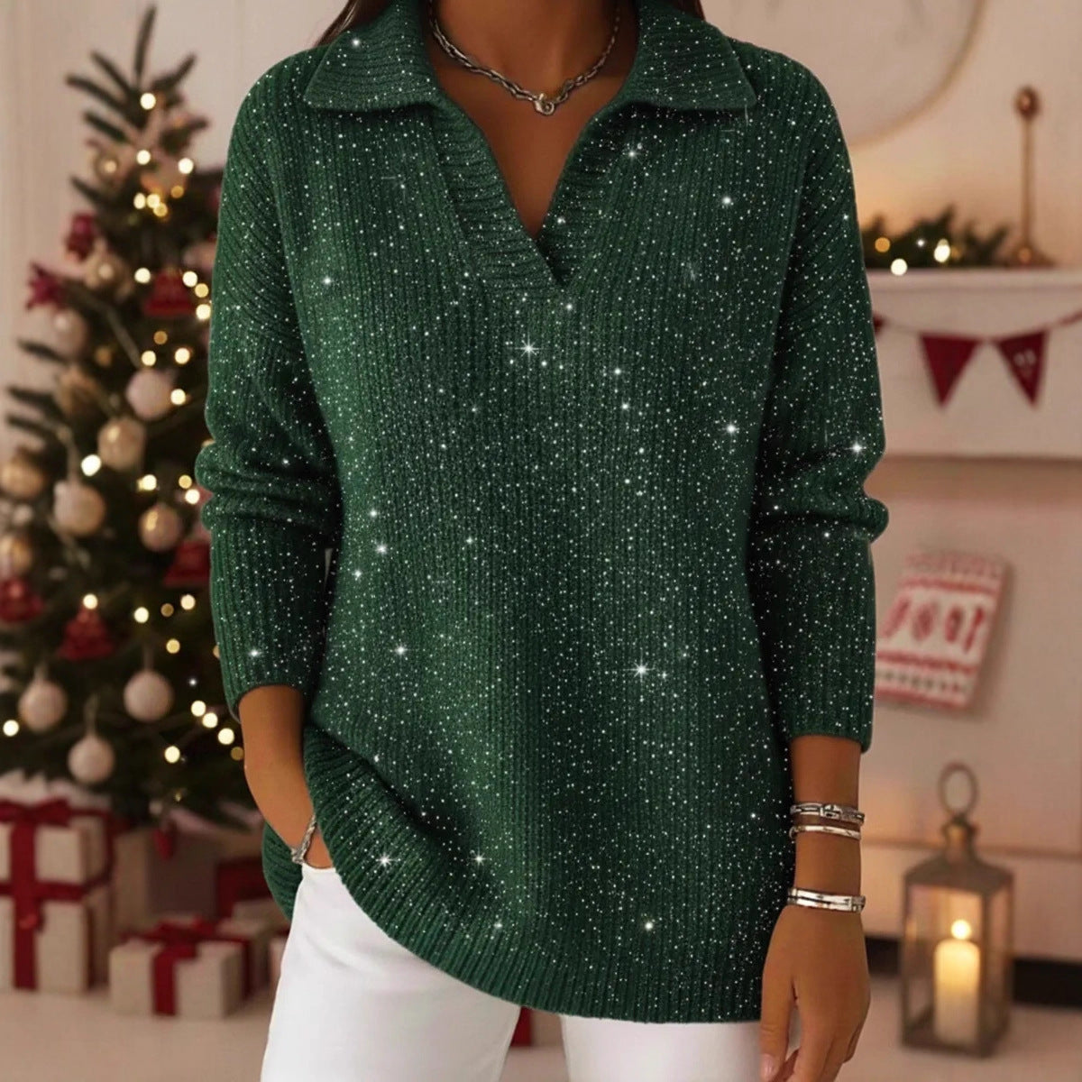 Damen Strickpullover Schimmer Effekt Moderner Kragen Eveloria