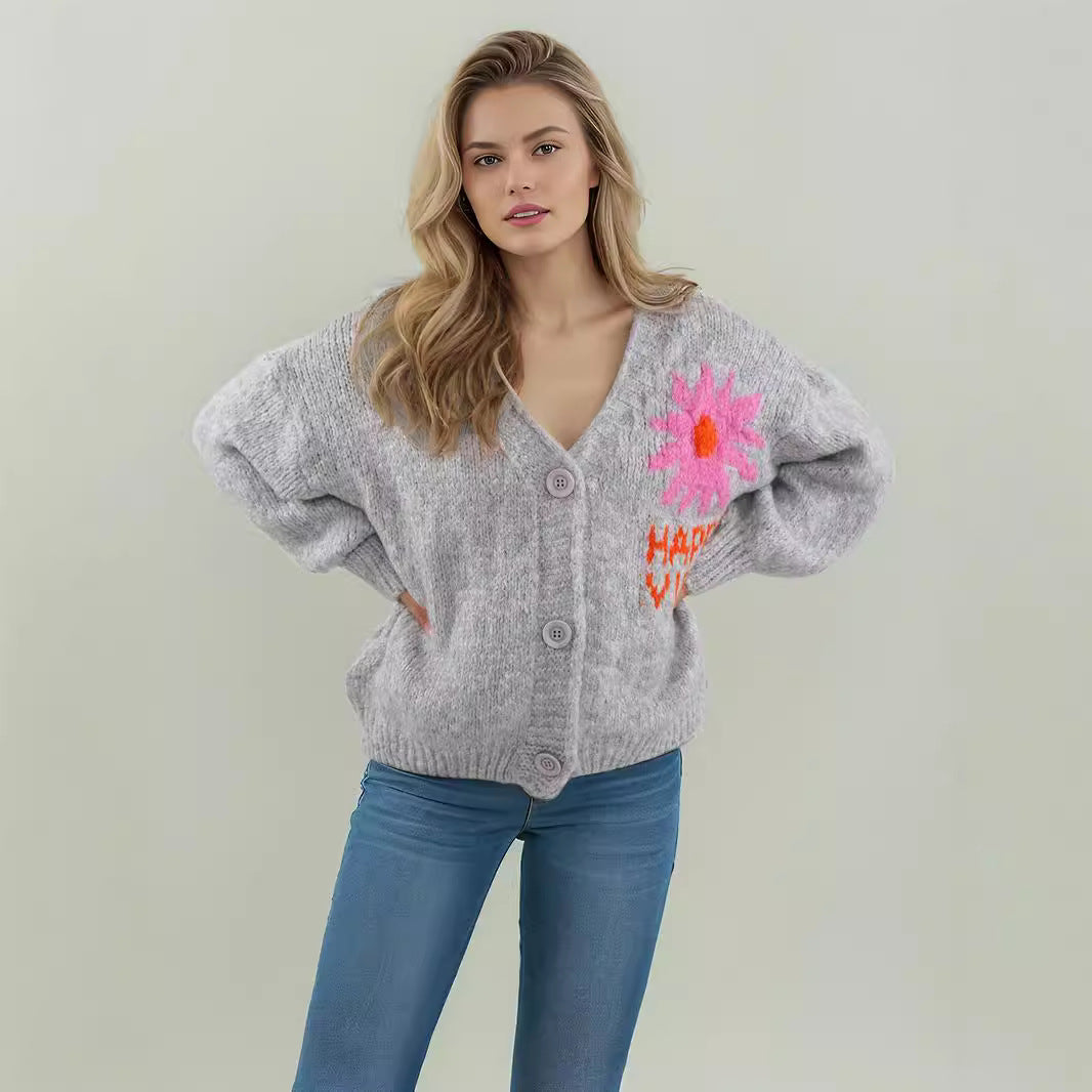 Damen Strickjacke Blumenmotiv Bunt Große Knöpfe
