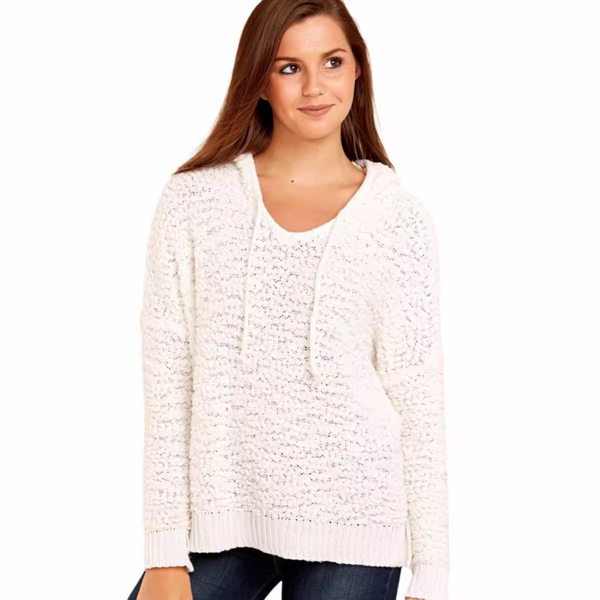 Damen Strickpullover Kapuze Luftig Grau Eveloria