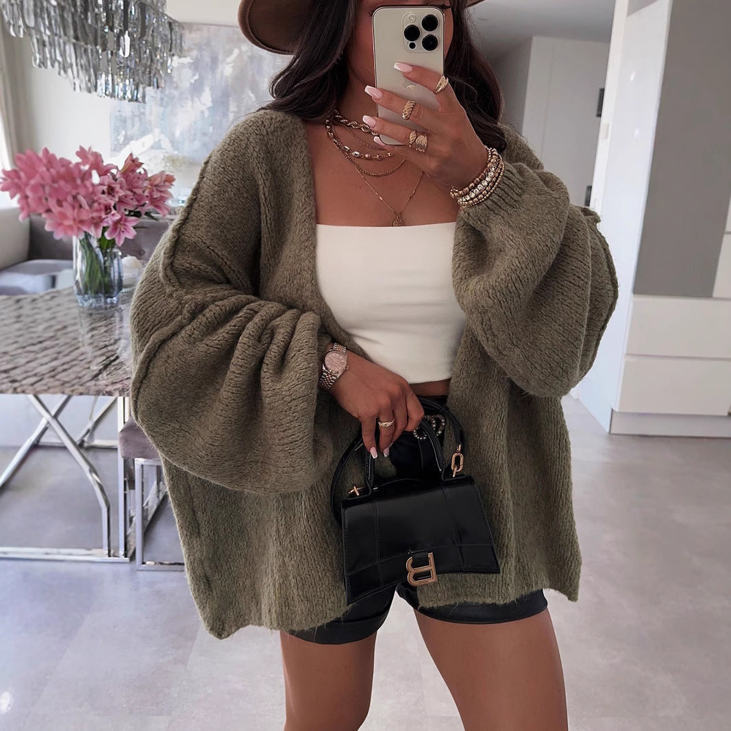 Damen Strickjacke Oversize Voluminöse Ärmel Beige