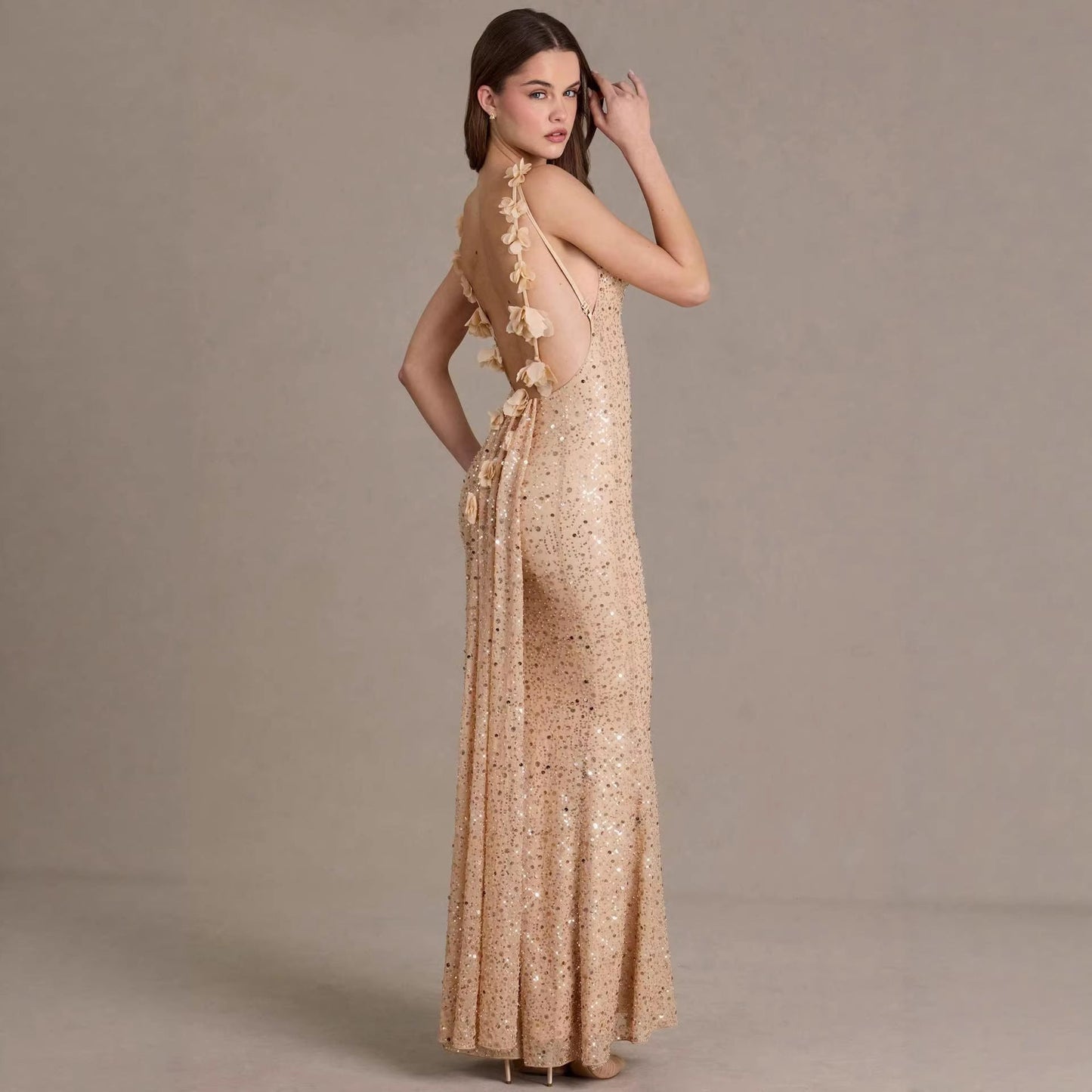 Damen Maxi-Kleid Pailletten Wasserfallausschnitt Figurbetonter