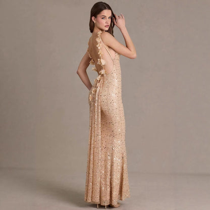Damen Maxi-Kleid Pailletten Wasserfallausschnitt Figurbetonter