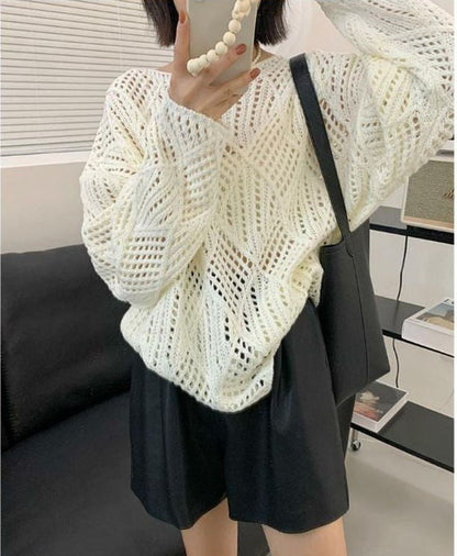 Damen Strickpullover Luftig Netzdesign Beige