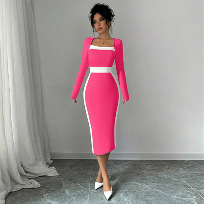 Damen Midi-Kleid Figurbetont Quadratischer Ausschnitt Kontrast