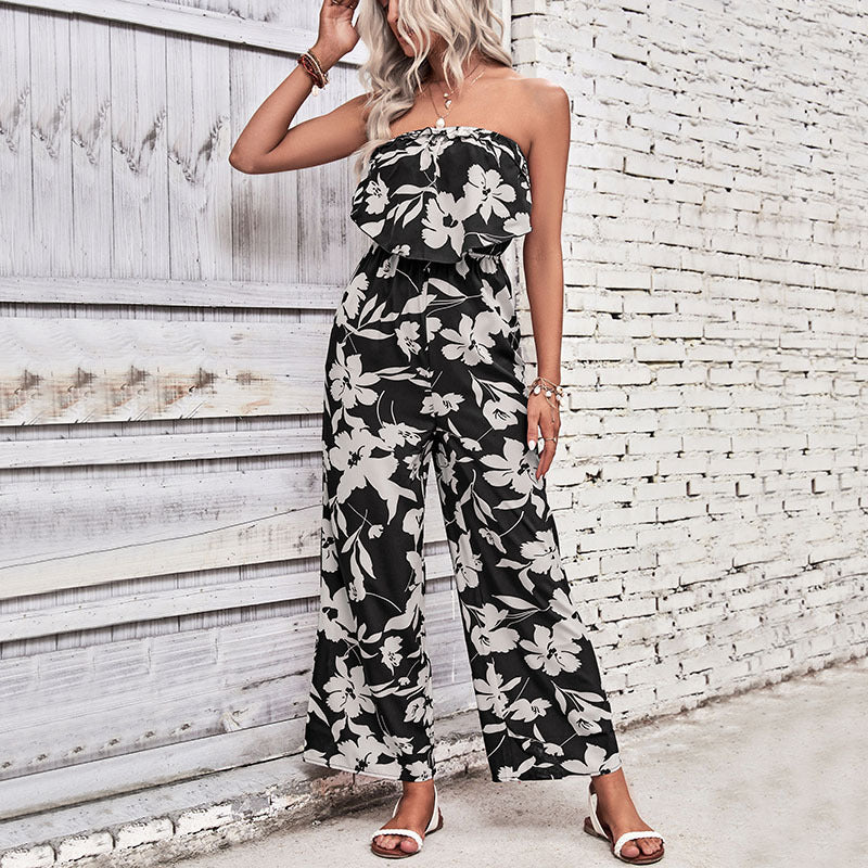 Damen Jumpsuit Florale Rüschen Atmungsaktives Material Weiß