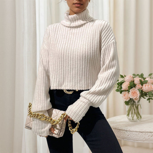Damen Cropped Pullover Rippstruktur Hochkragen Beige - Eveloria