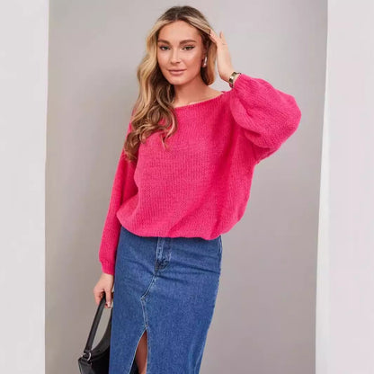 Damen Grobstrickpullover Weite Ärmel Rundhals Eveloria
