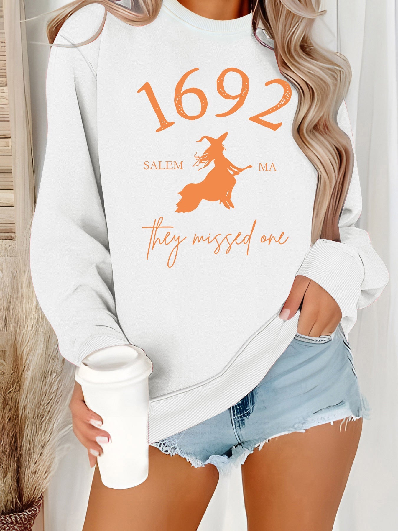 Damen Sweatshirt Witch-Motiv Baumwolle Gemütlich Grau