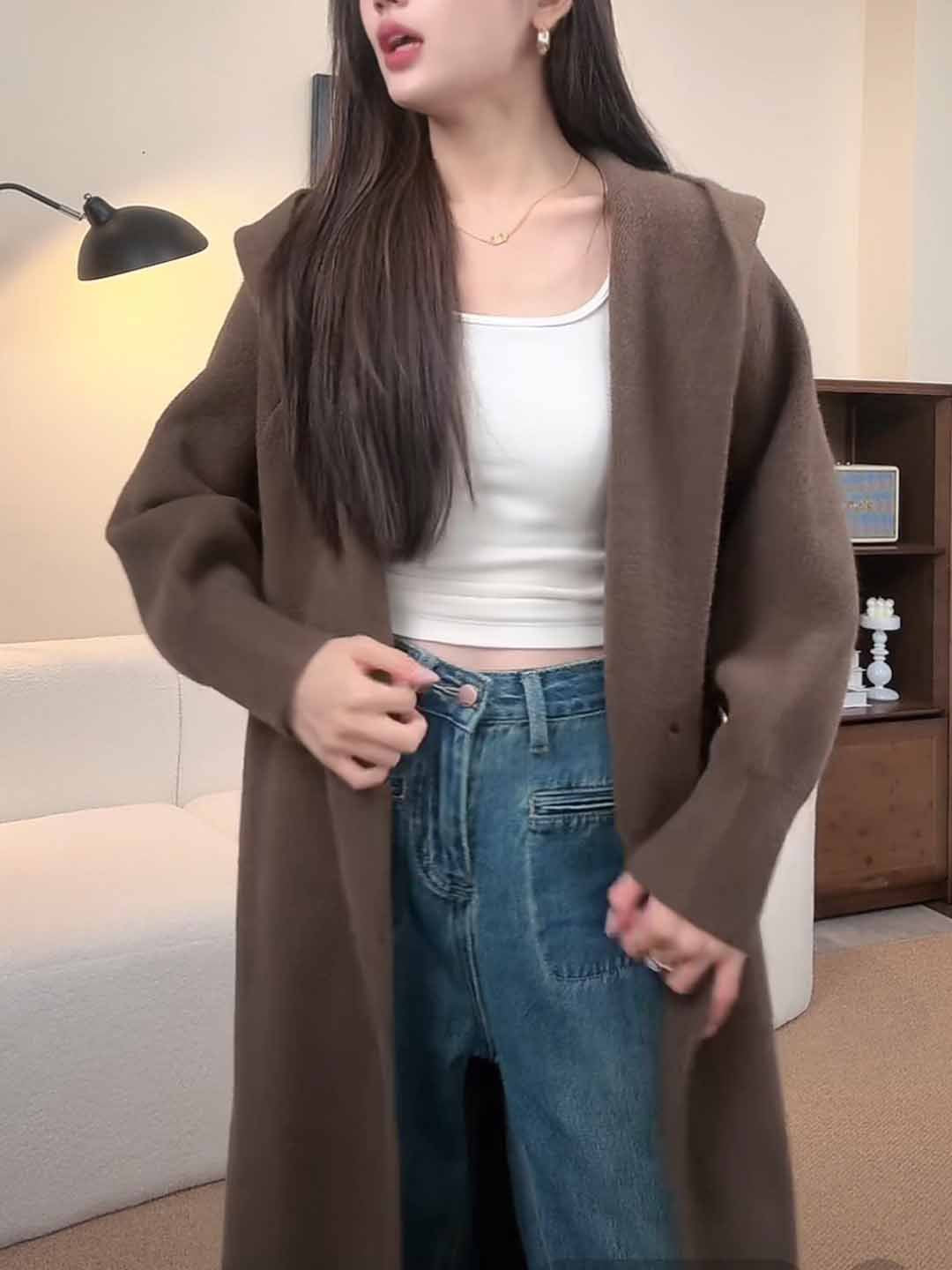 Damen Strickmantel Lässig Kapuze Weite Ärmel Beige