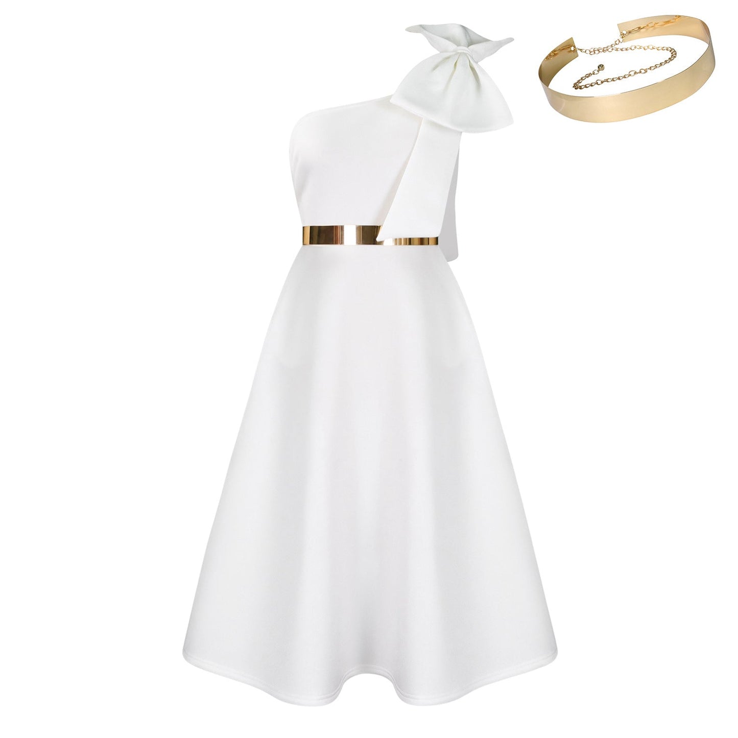 Damen Schulterfreies Kleid mit Halstuch und Goldener Akzent