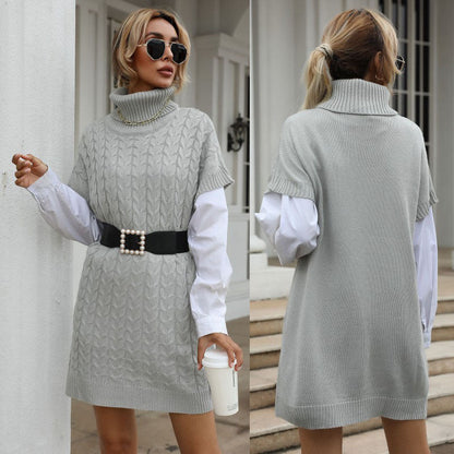 Damen Strickkleid Hochkragen Zopfmuster Eveloria