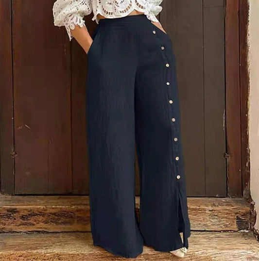 Damen Baumwollhose Weit mit Knöpfen Elegant Beige - Eveloria