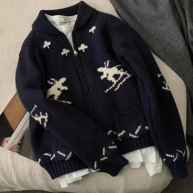 Damen Strickjacke Tiermuster Reißverschluss Kuschelig Grau