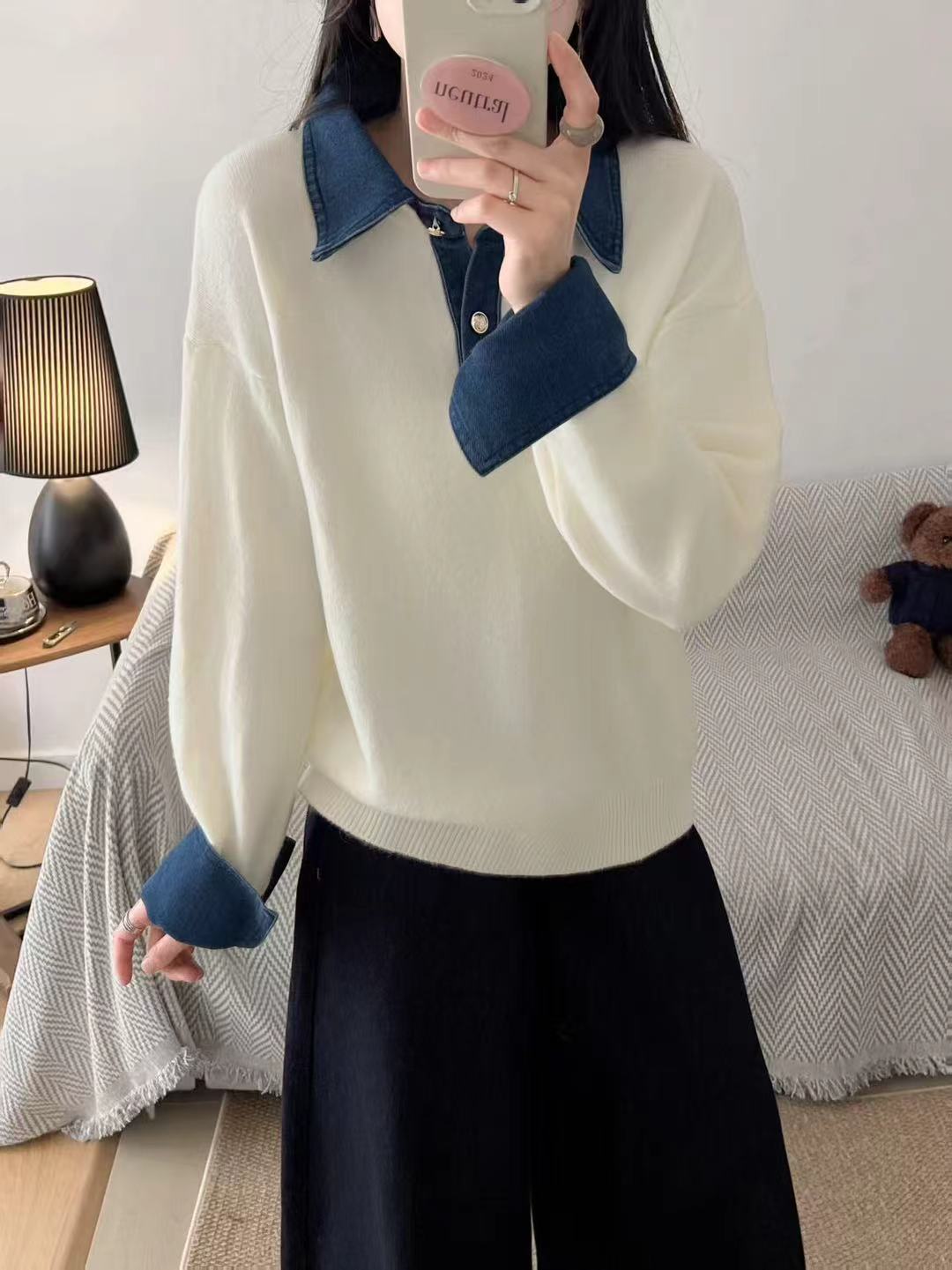 Damen Pullover Weiches Material Mit Hemdkragen Beige