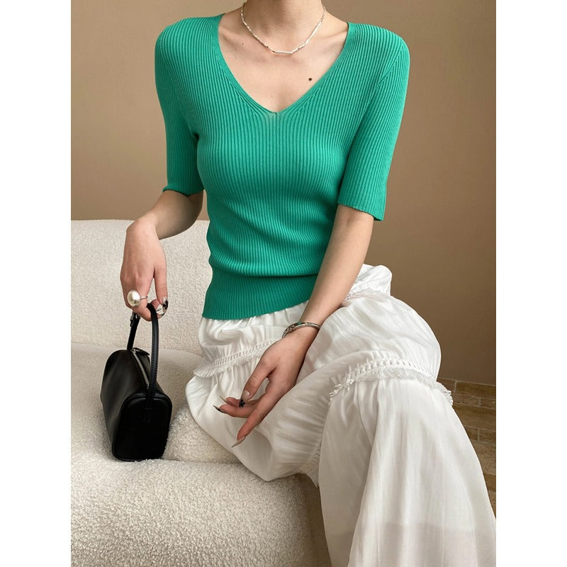 Damen Pullover V-Ausschnitt Rippstrick Fein Eveloria - Eveloria