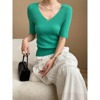 Damen Pullover V-Ausschnitt Rippstrick Fein Eveloria - Eveloria