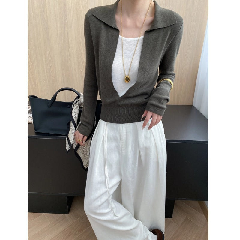 Damen Pullover Elegantes Design Tiefes Dekolleté Feine Stickerei