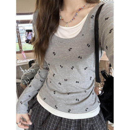 Damen Langarmshirt Florales Muster Baumwolle Weißen