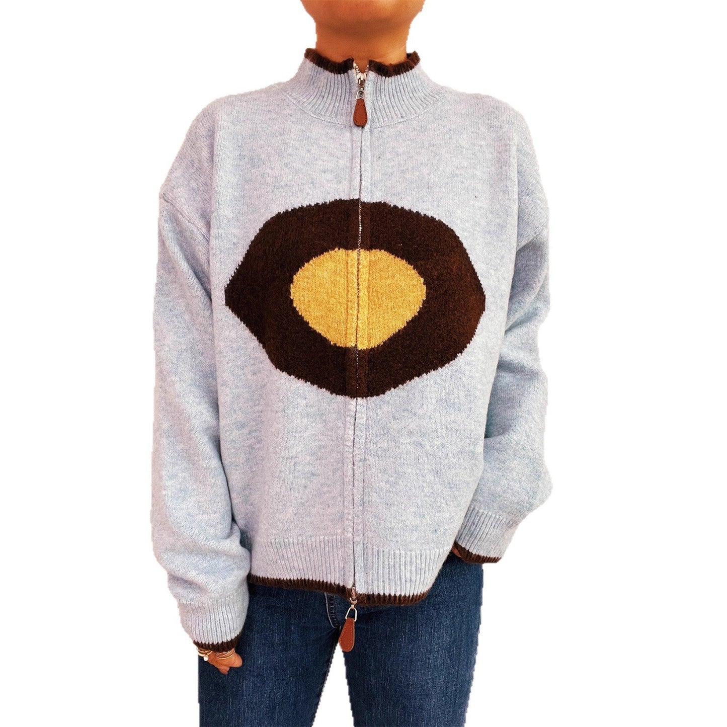 Damen Strickpullover Reißverschluss Kuscheliger Look