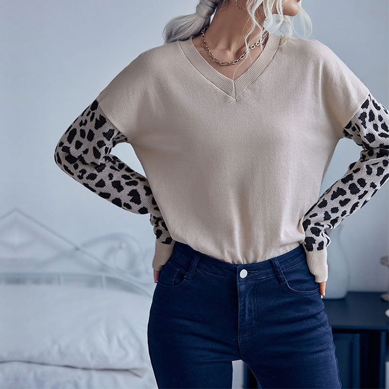 Damen Strickpullover V-Ausschnitt Leopardenmuster Ärmel