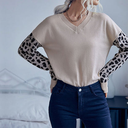 Damen Strickpullover V-Ausschnitt Leopardenmuster Ärmel