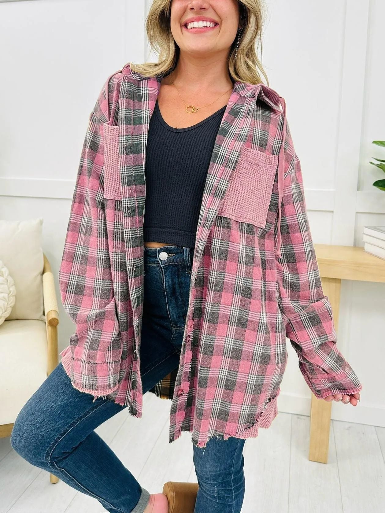 Damen Karo-Hemdjacke Oversized mit Fransen Details Braun