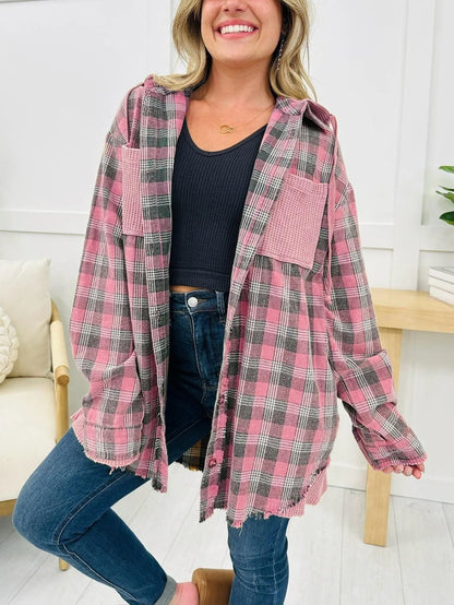 Damen Karo-Hemdjacke Oversized mit Fransen Details Braun