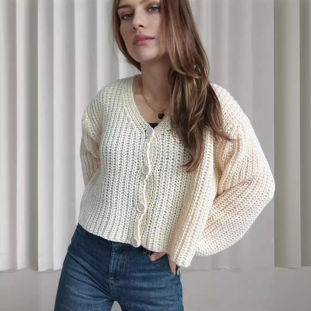 Damen Cropped Strickjacke Grobmaschig Große Knöpfe Beige