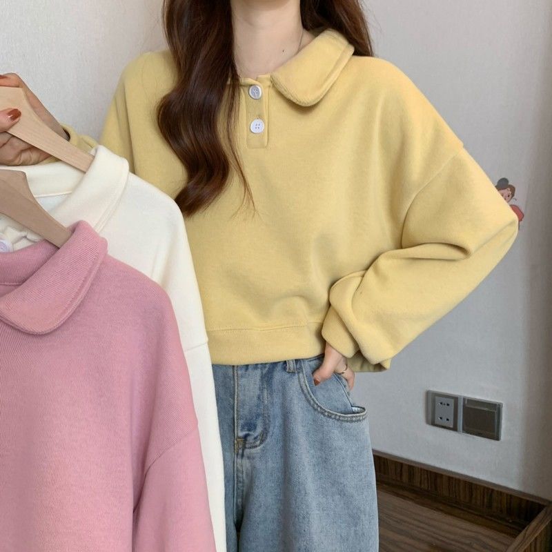 Damen Sweatshirt Kurzarm Modischer Kragen Dekorative Knöpfe - Eveloria