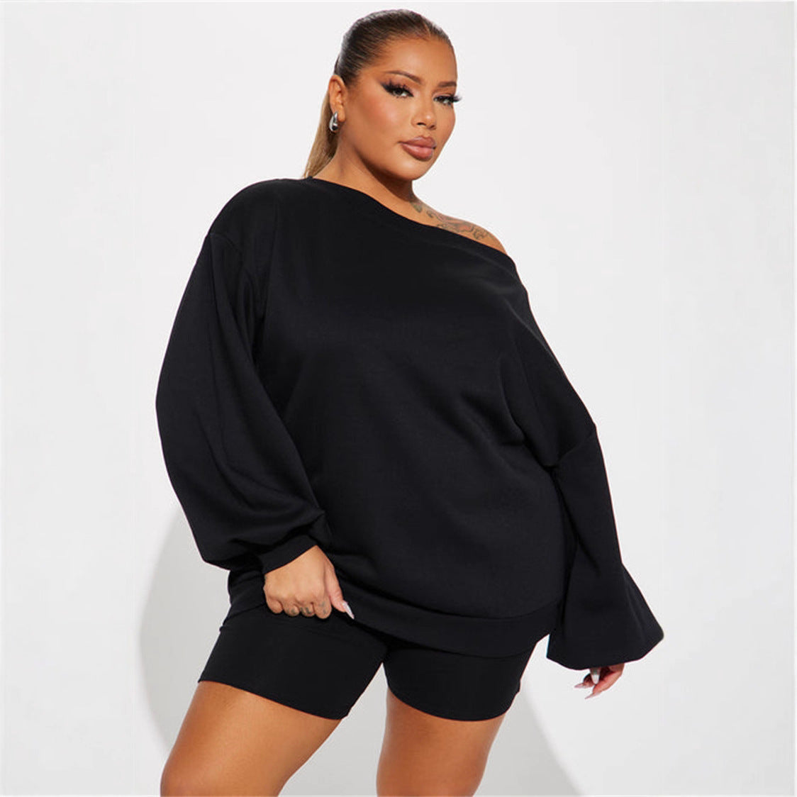 Damen Oversized Sweatshirt Asymmetrischer Ausschnitt Ballonärmel Grau