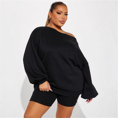 Damen Oversized Sweatshirt Asymmetrischer Ausschnitt Ballonärmel Grau