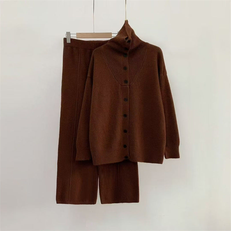 Damen Strickensemble Hochkragen Knöpfe Eveloria