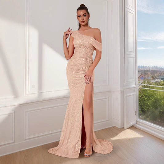 Damen Abendkleid Schulterfrei Glitzernde Pailletten Hochschlitz - Eveloria