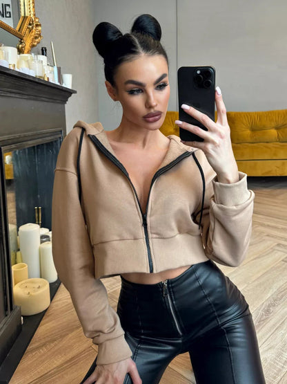 Damen Cropped Hoodie Sportlich mit Kängurutasche und weiten Ärmeln