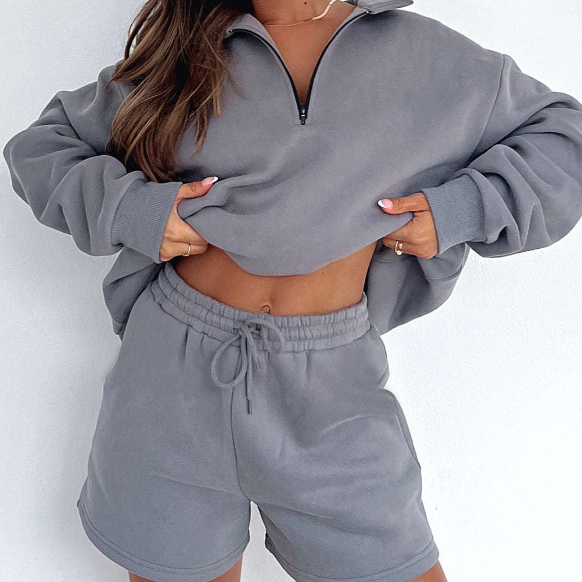 Damen Sweatpullover Kurzhose Reißverschluss Grau