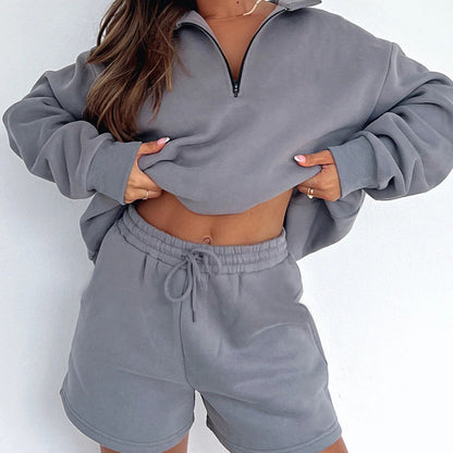 Damen Sweatpullover Kurzhose Reißverschluss Grau