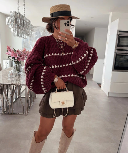 Damen Strickpullover Weite Ärmel Grafisches Muster Eveloria