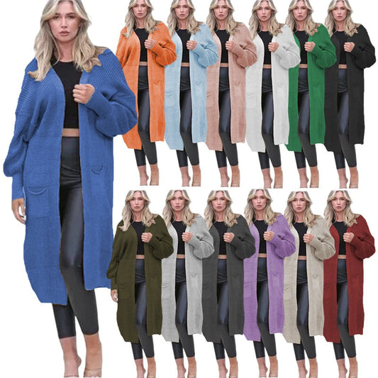 Damen Cardigan Grobstrick Offene Taschen Lässig Beige - Eveloria