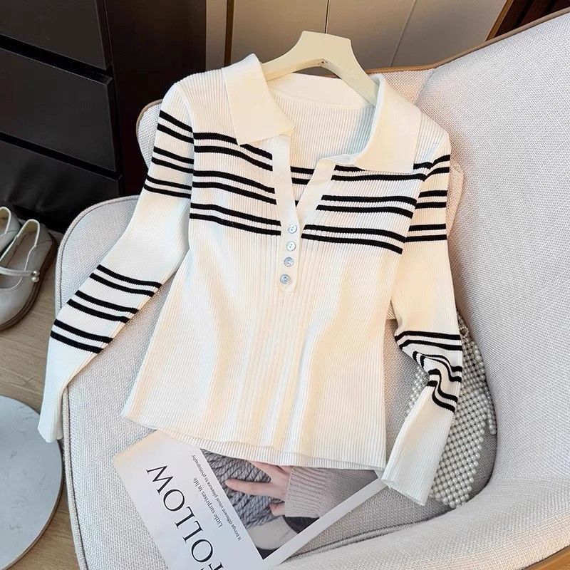 Damen Pullover Streifen Knopfleiste Klassischer Kragen